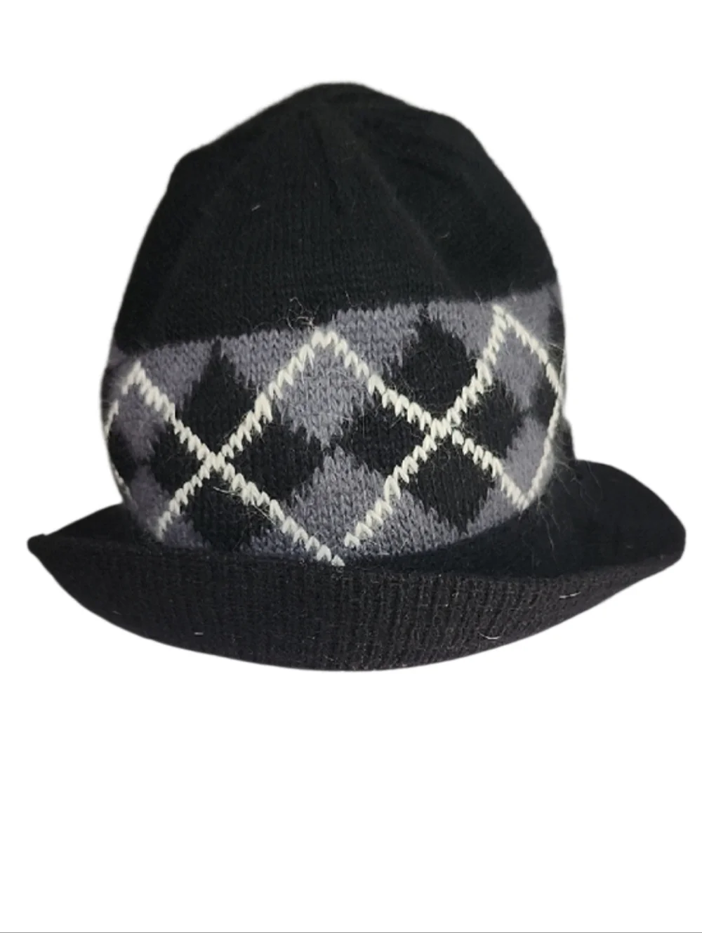 Fedora Cloche Bucket Hat Black And Grey Argyle Knit Wool/ Angora - Unbranded